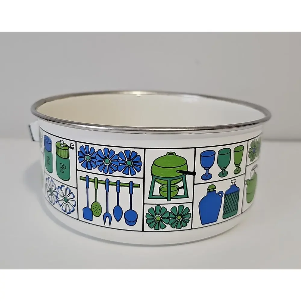 vintage MCM Enamelware Pot Retro 70s Fower Power Cookware Green Blue